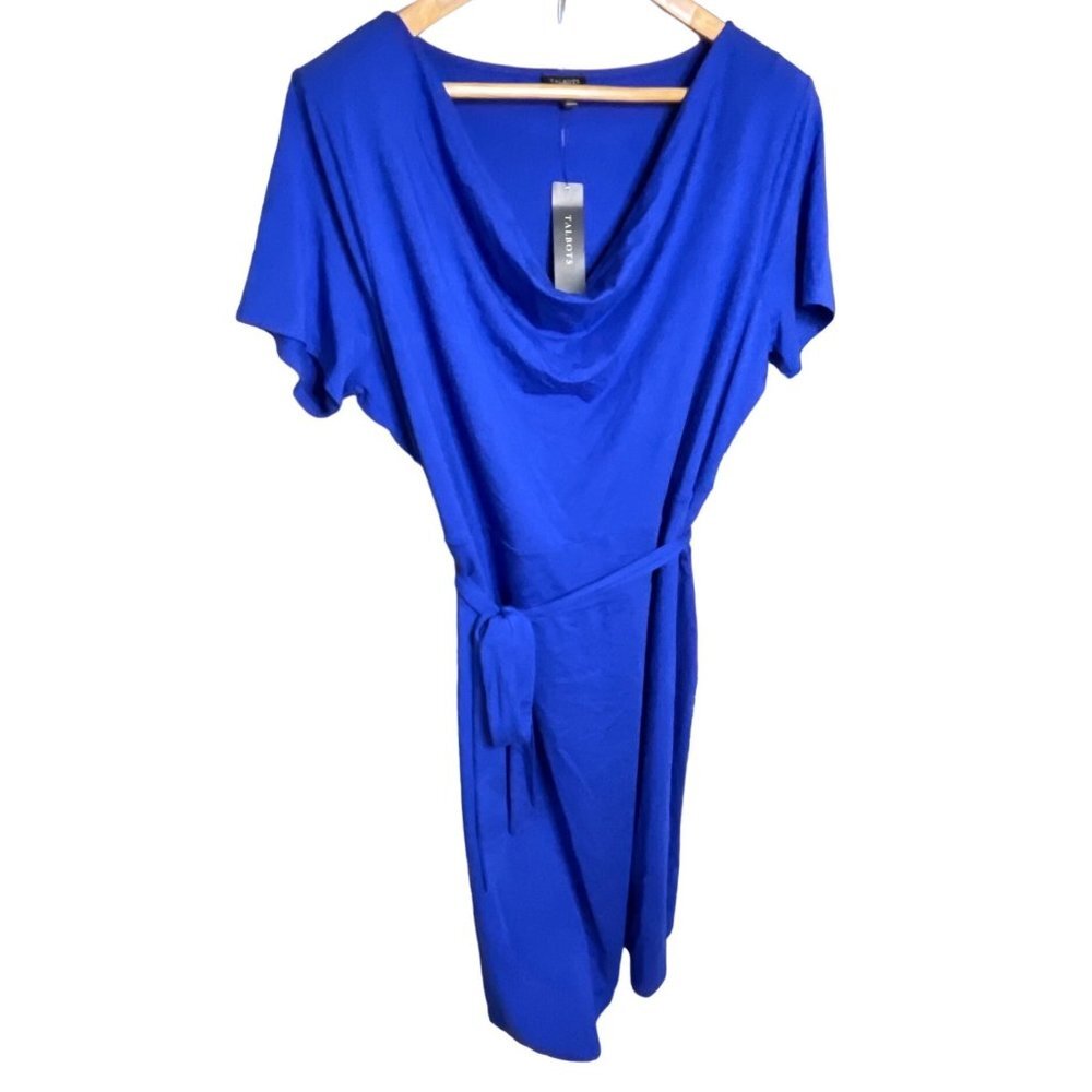 Talbots NWT Blue Draped Neck Belted Flowy Dress Sz 1X
